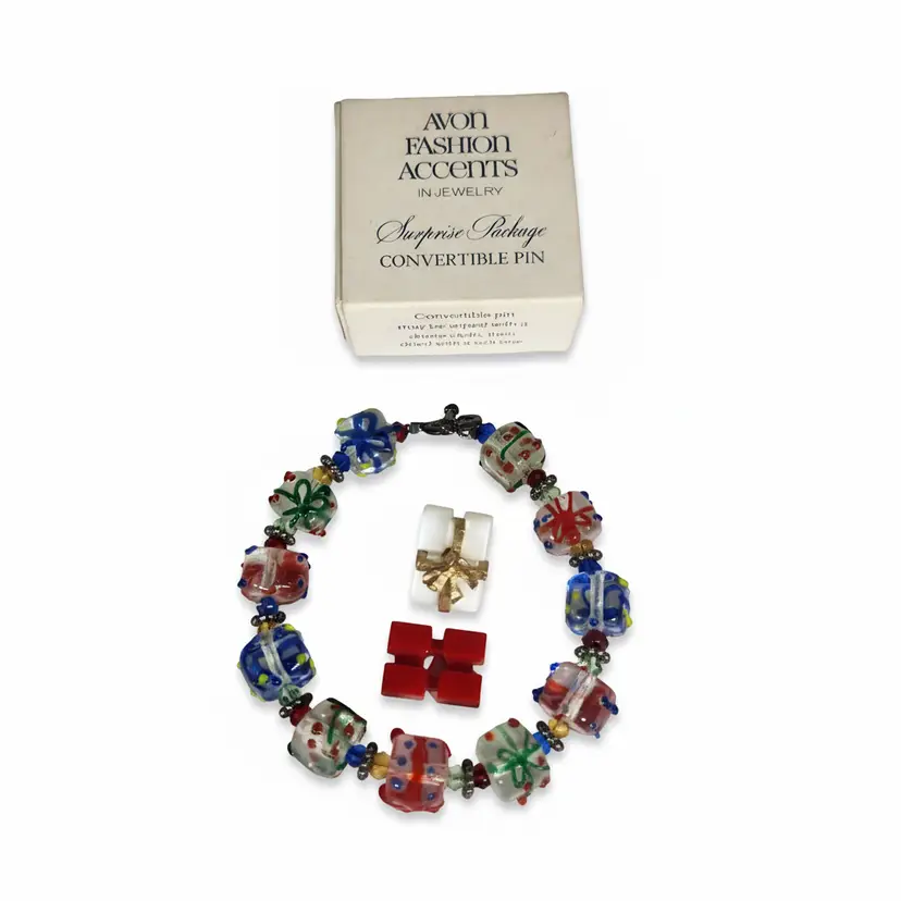 Set of 2 Glass Bead Christmas Gifts Bracelet + Avon 1979 Surprise Package Convertible Pin Vintage