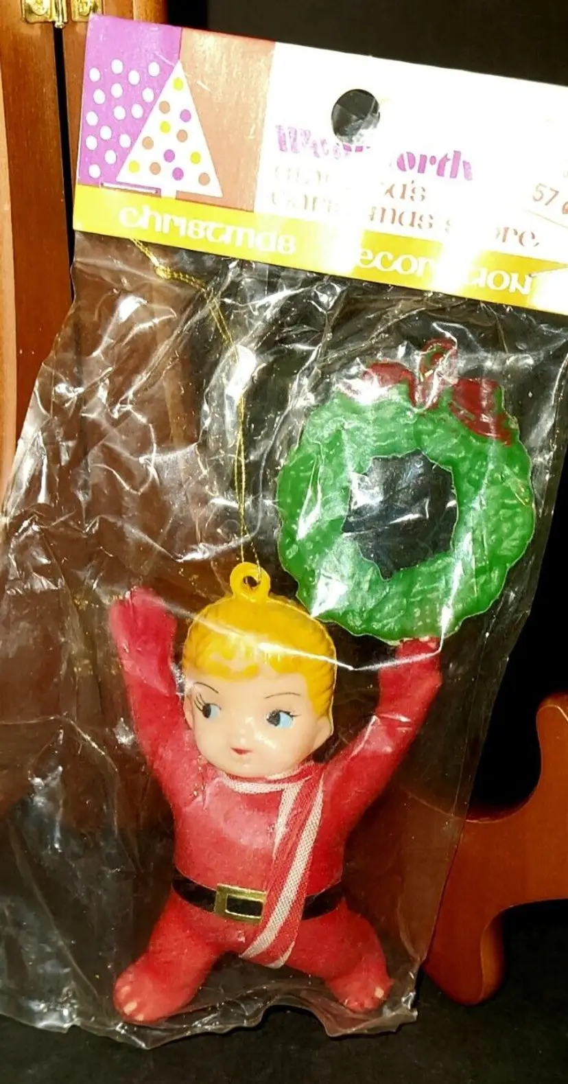 Vintage Flocked Boy With The Wreath Christmas Ornament Decoration NOS Japan