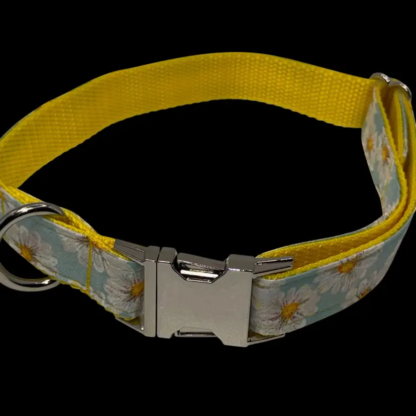 Dog Collar Bright Yellow Delightful Daisies  Large Handmade Heavy Duty Metal Buckle NEW