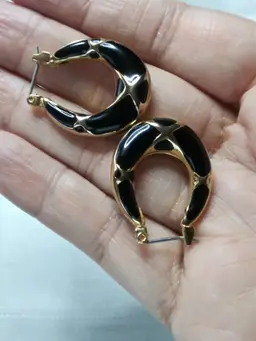 Gold Tone and Black enamel hoop earrings 1"