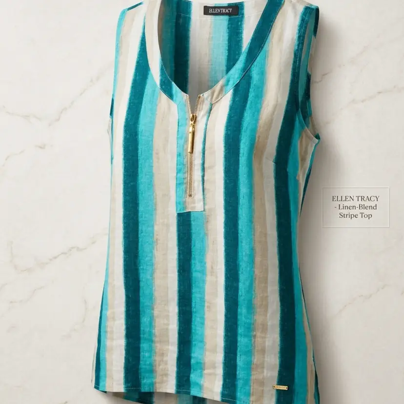 Ellen Tracy Tank Top Women’s XL Zip Neck Linen Blend Casual Sleeveless
