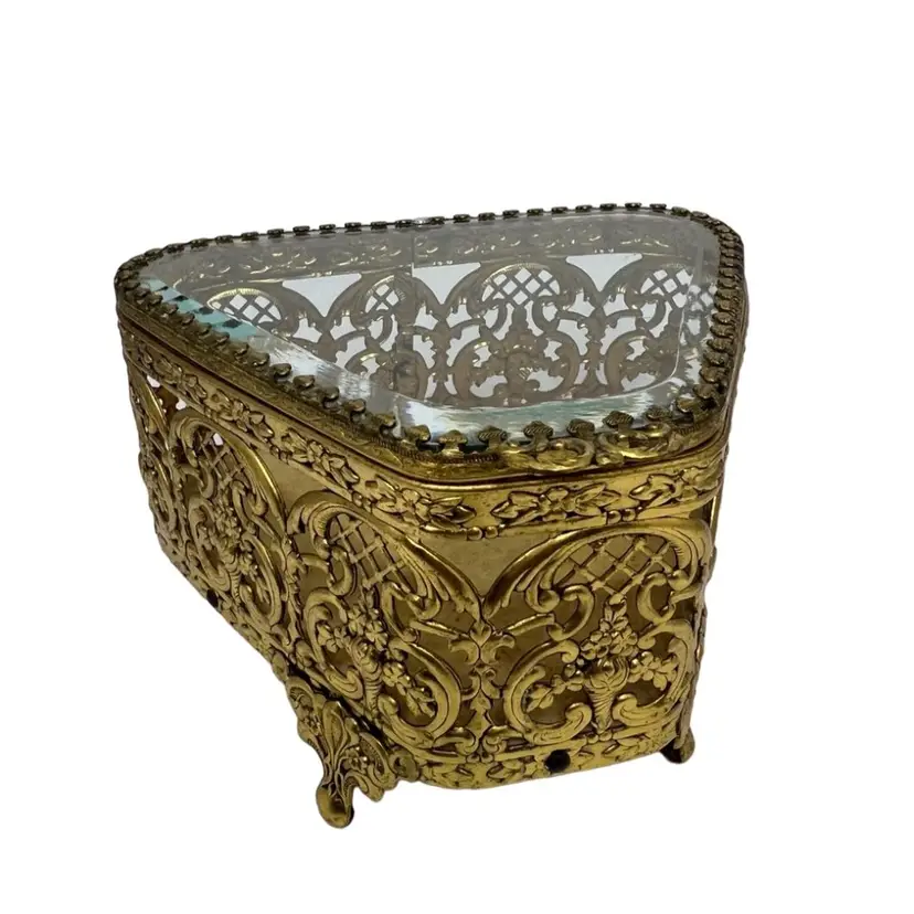 Vintage Ormolu Hollywood Regency Filigree Triangle Hinged Lid Beveled Glass Footed Vanity Trinket Jewelry Box