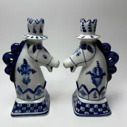 Set Vintage Gzhel Hand Painted Blue & White Porcelain Horse Candlesticks Holders Checkerboard
