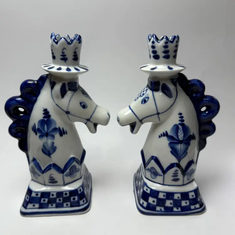 Set Vintage Gzhel Hand Painted Blue & White Porcelain Horse Candlesticks Holders Checkerboard