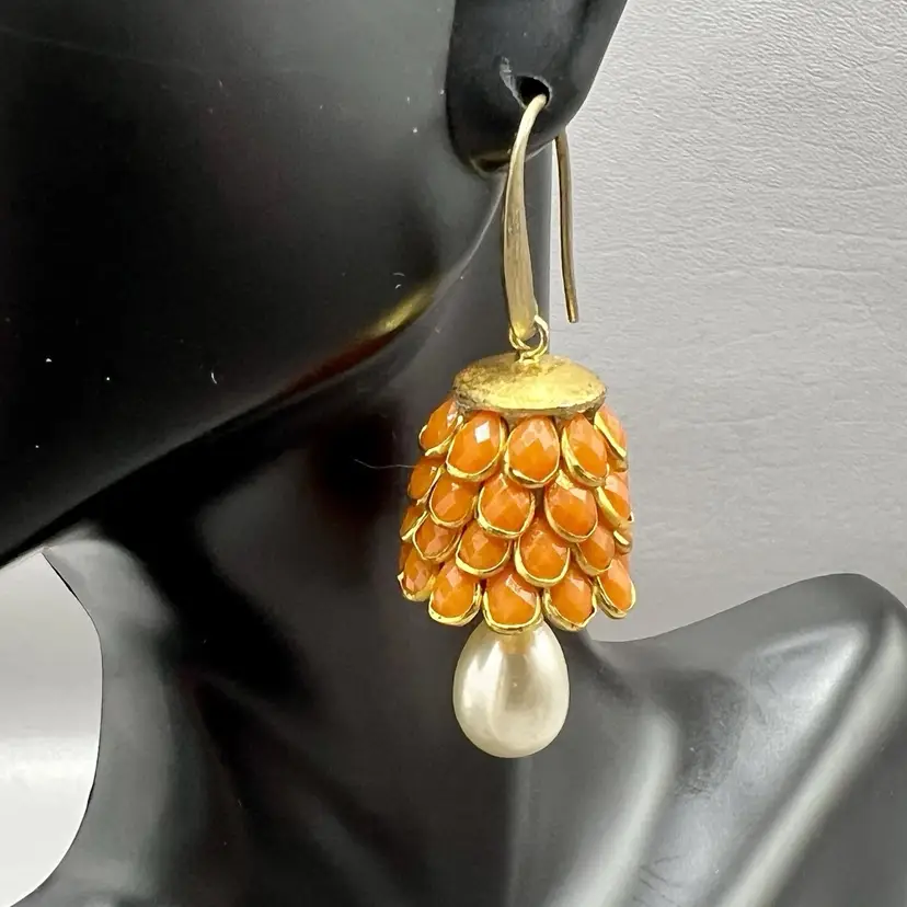 Vintage Orange Gold Tone Dangle Earrings Faceted Beads Pearl Drop Statement Boho Costume Jewelry 2"