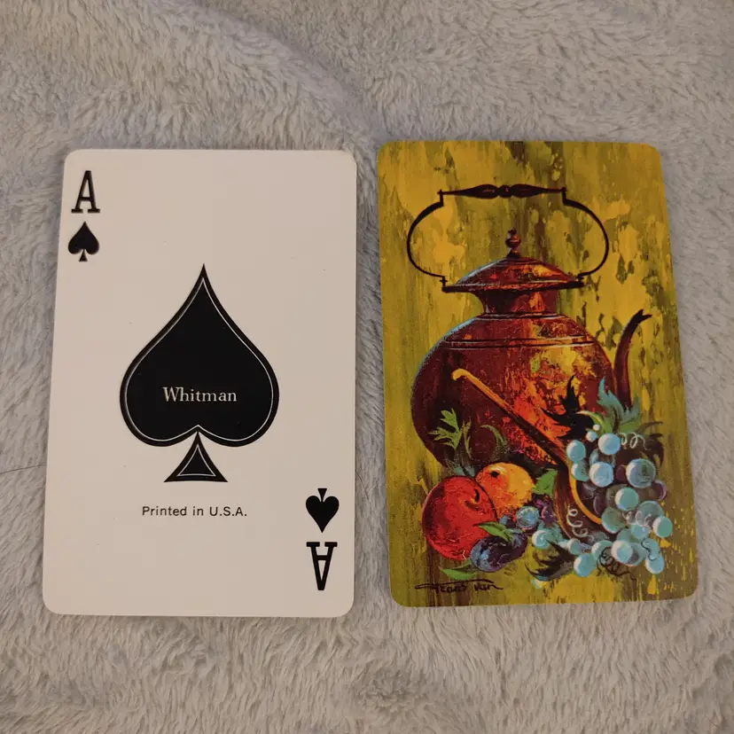 1 Single Swap Card - Playing Card. Pinochle playing card. Still life painting- kettle and fruit. Vintage. Whitman. Dimension 2.5 x 3.5. Read description.