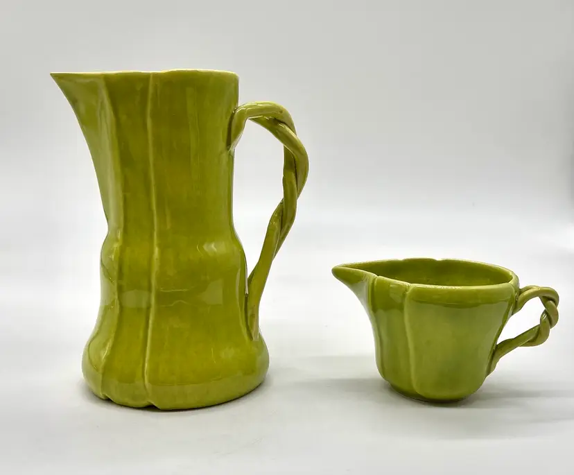 Vintage Green Ceramic Pitcher And Creamer With Twisted Handles 