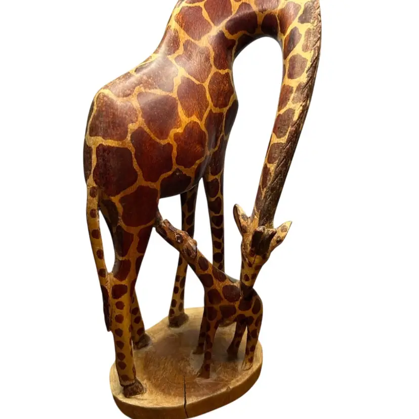 Hand Carved Numbered Wooden Giraffe And Baby Small Split On Base @12x5
