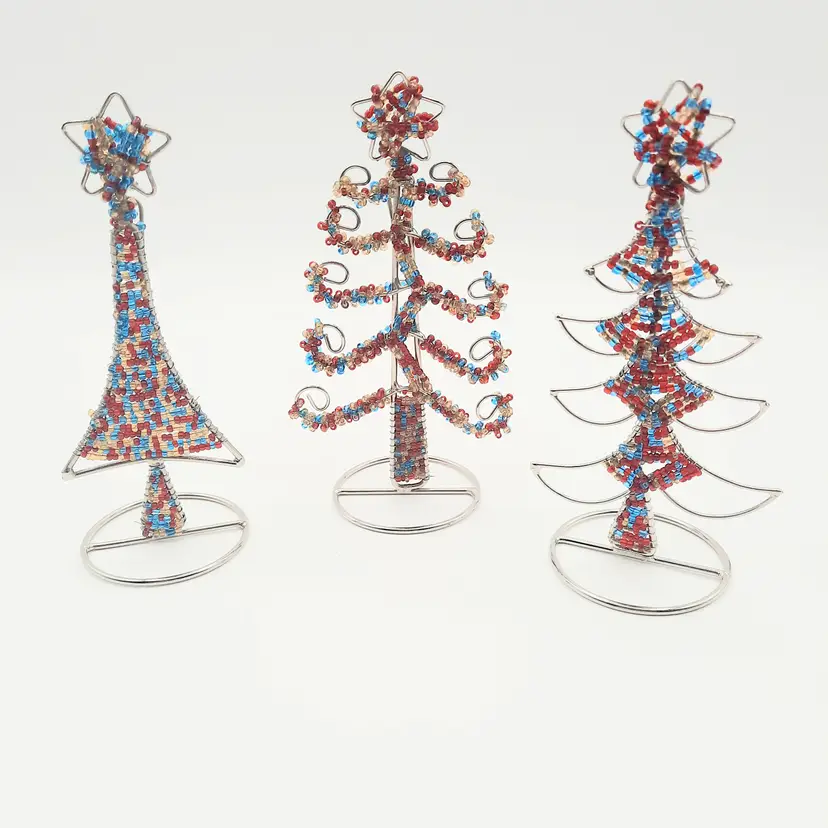 Pier 1 Christmas Tree Beaded Metal Photo Card Holders Red Blue Gold Beads