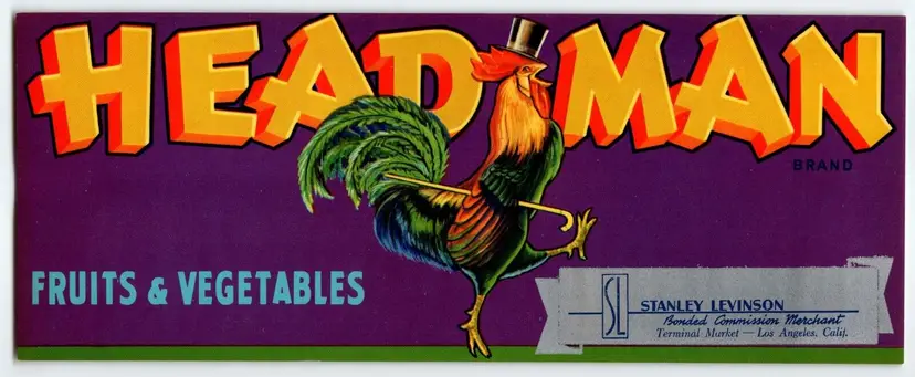 Head Man Label Dressed Rooster Fruit Vegetables Anthropomorphic 1950s Headman