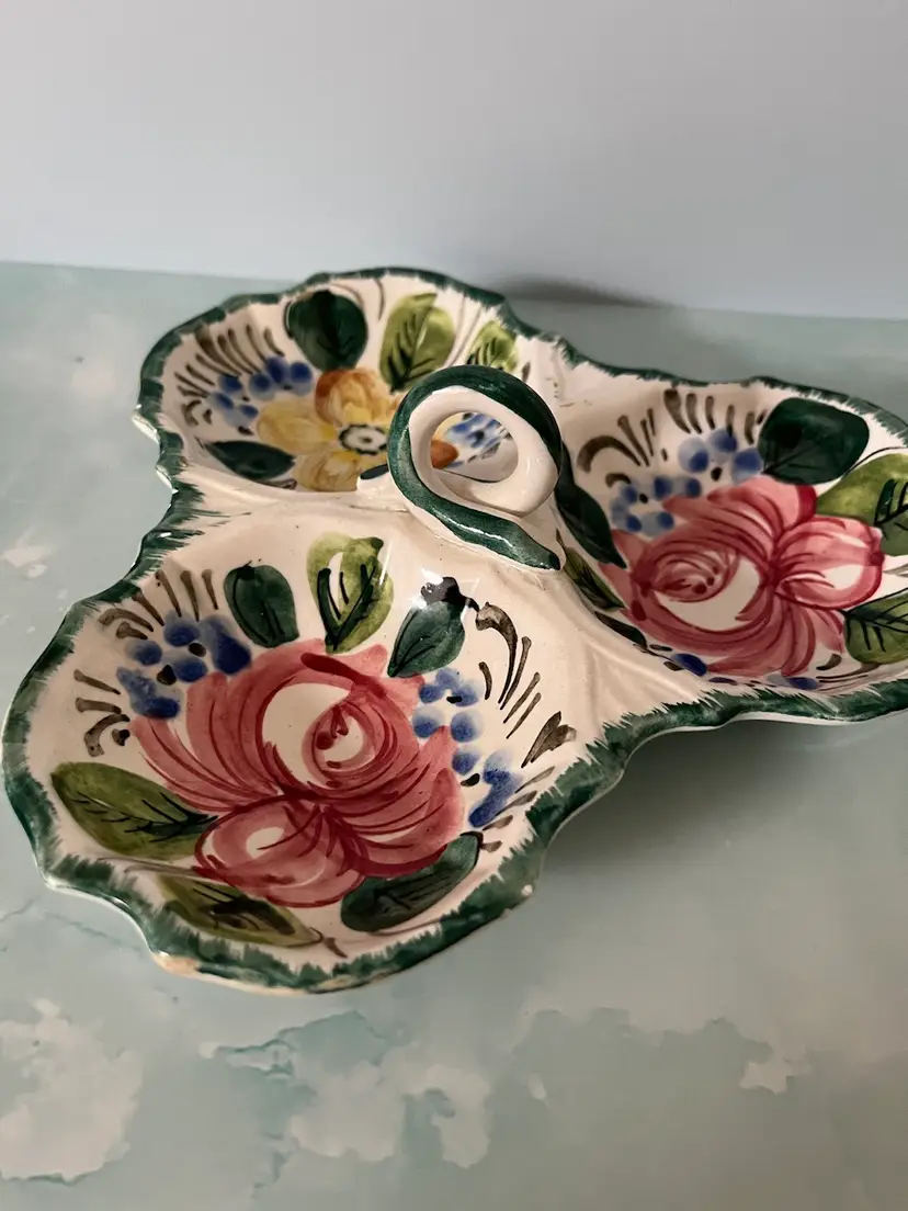 Italian Hand-Painted Nova Rose Vintage Divided Dish With Handle