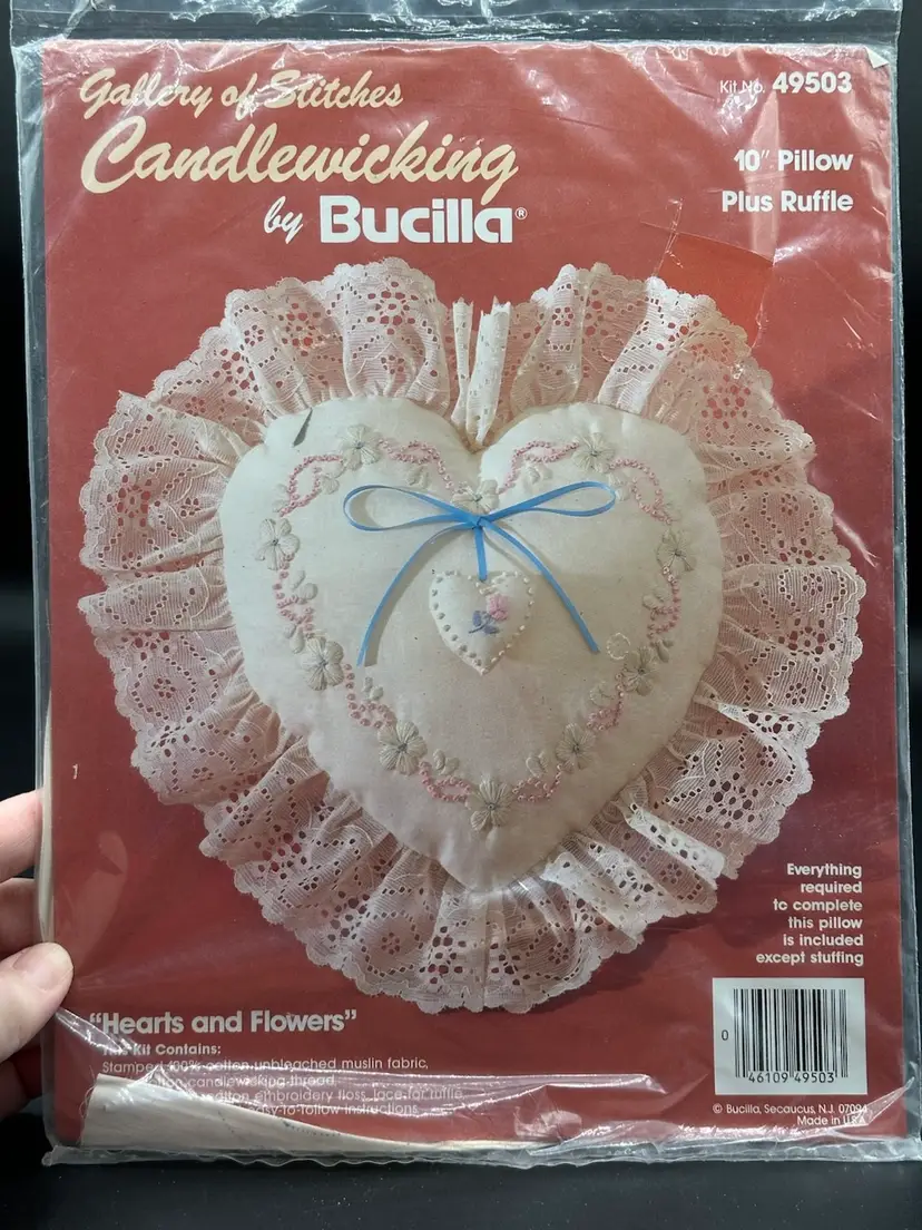 Bucilla Hearts and Flowers Candlewicking Kit 49503 Makes 10” Pillow & Ruffle NEW