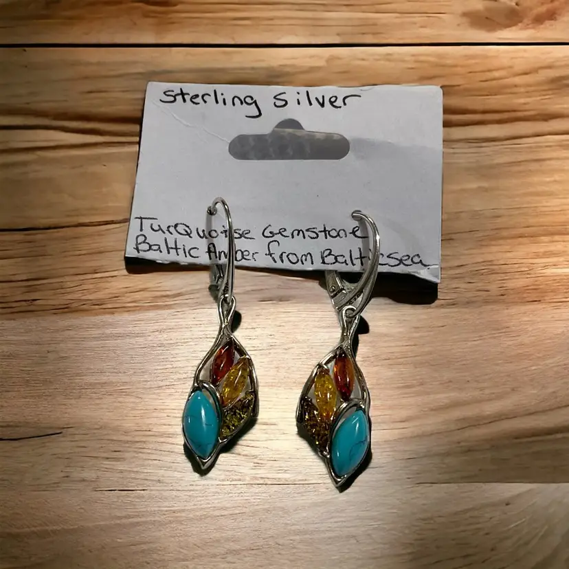 Mixed Baltic Amber and Turquoise Sterling Silver Drop Earrings 1 inch