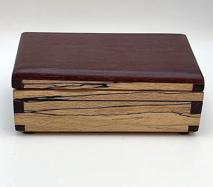 “Wood of a Kind”, Wooden Box, Purple Heart/Spalted Maple, Hinged Lid, Dtd 2000