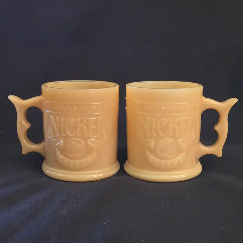 Whataburger Buffalo Nickel Coffee Cup Mug Butterscotch Glass Indian Head set of 2 Vintage