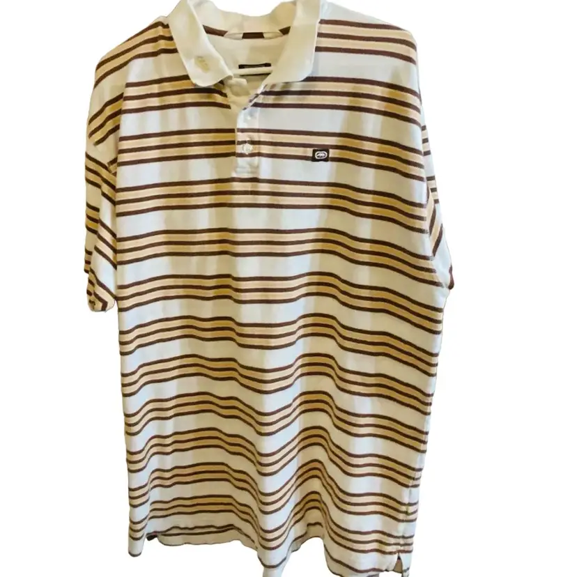 Ecko UNLTD Polo Striped With White, Tan, Brown, And White Stripes. White Color Collard Embroidered Logo Size XL