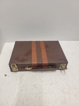 Vintage Backgammon Set Small Travel Case Faux Leather Board
