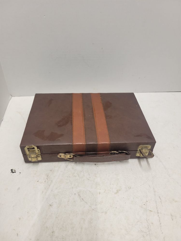 Vintage Backgammon Set Small Travel Case Faux Leather Board