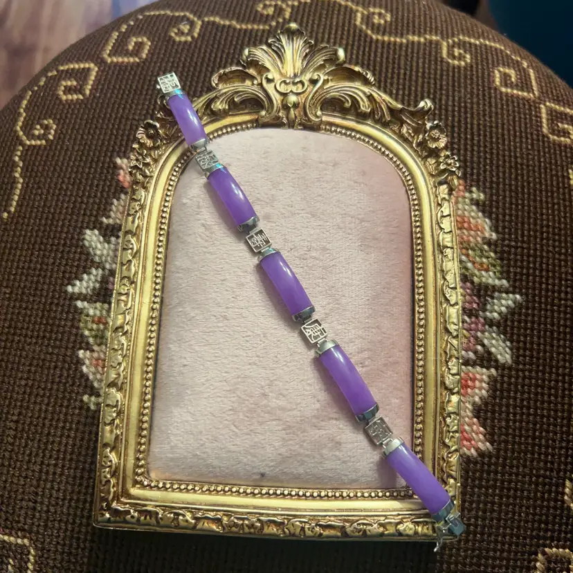 Vintage Purple Jade & Sterling Silver Link Bracelet