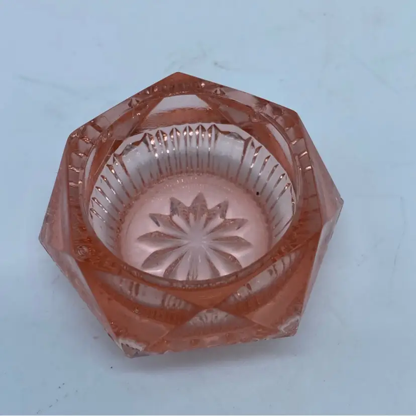 #0426 Pair of vintage apricot or Pink glass salt cellars with pressed patterns Sowerby UK