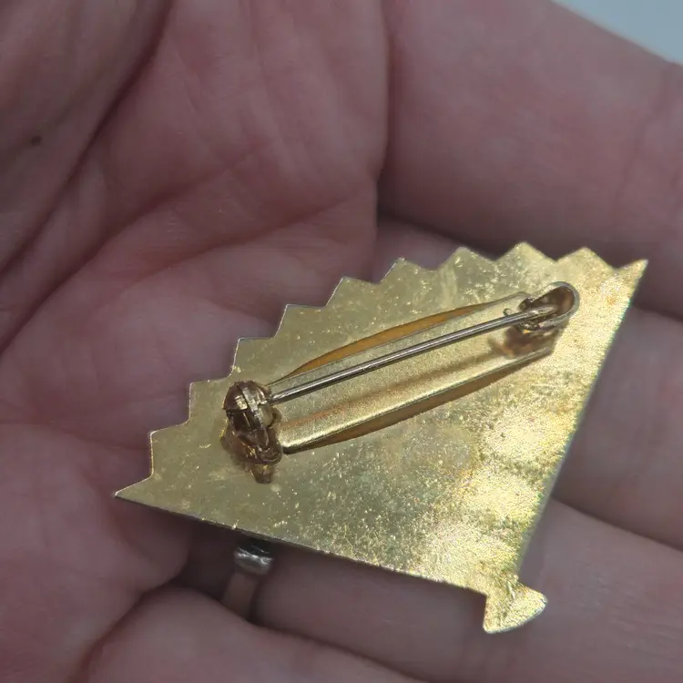 Vintage Damascene Fan Shape Brooch, Gold Tone Green Enamel Landscape Scene