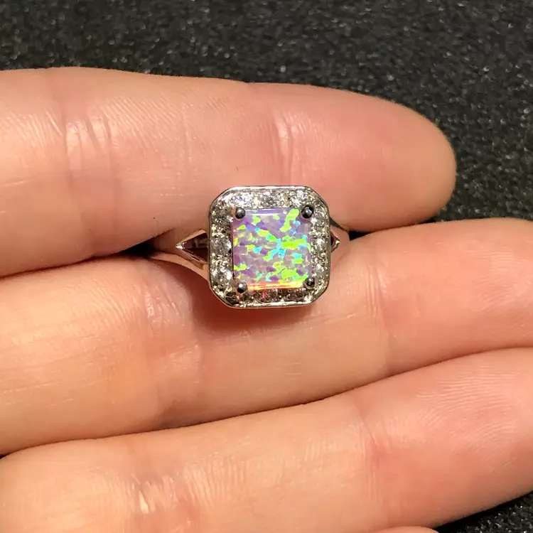 925 Sterling Silver Simulated Opal Size 8 Ring