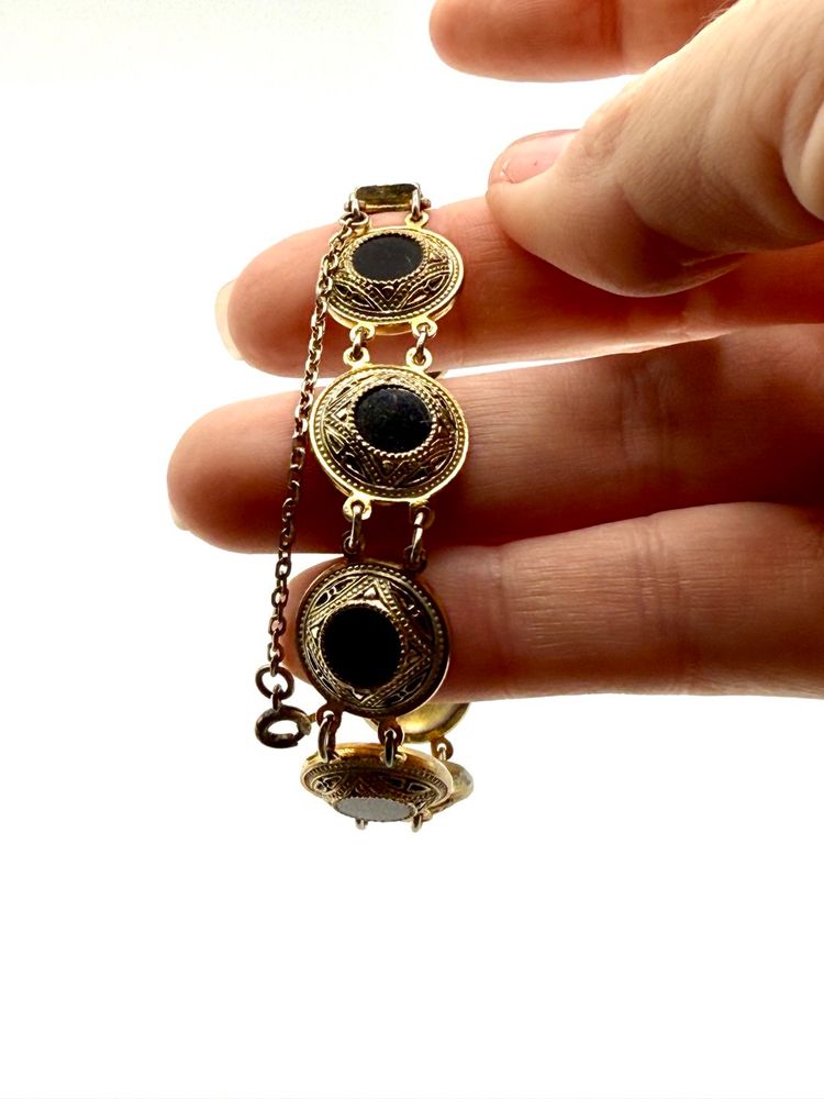 Damascene Bracelet With Chain Guard And Black Gemstone 7”