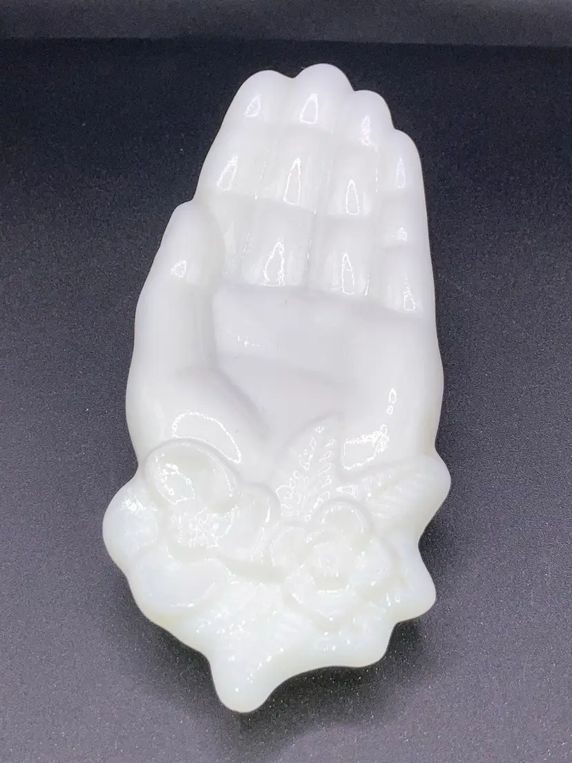 Milk Glass Hand Trinket Dish With Florals! 3/4” Tall 2” Wide 5 1/2” Long.   No Condition Issues.