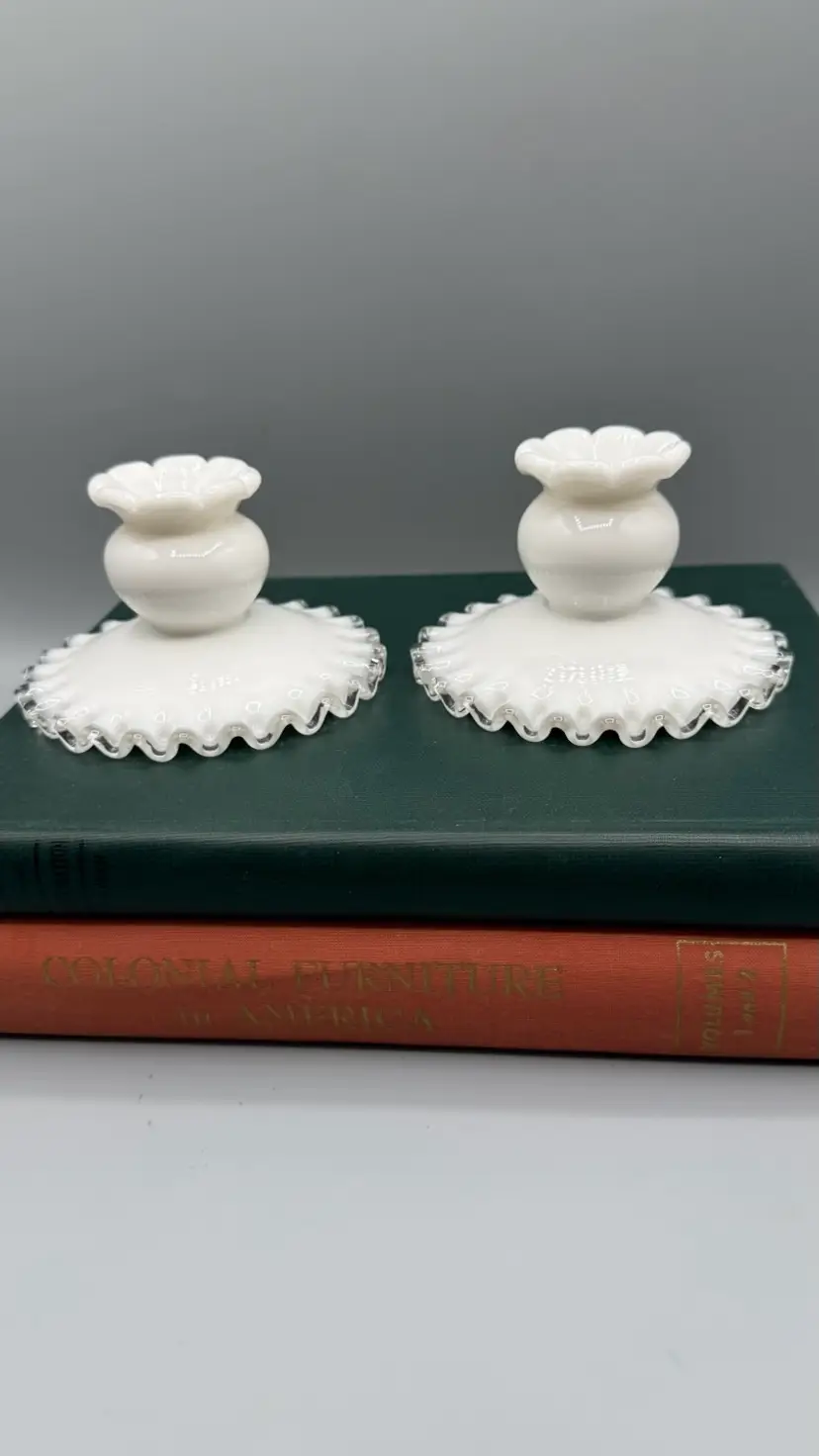 Vintage Fenton Silver Crest Milk Glass Candlestick Holders (Pair)