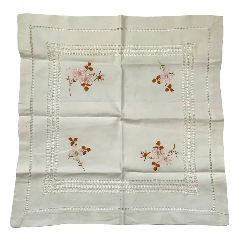 Pulled Thread Floral Embroidered Doily Square Topper Centerpiece Vintage Cottage Core