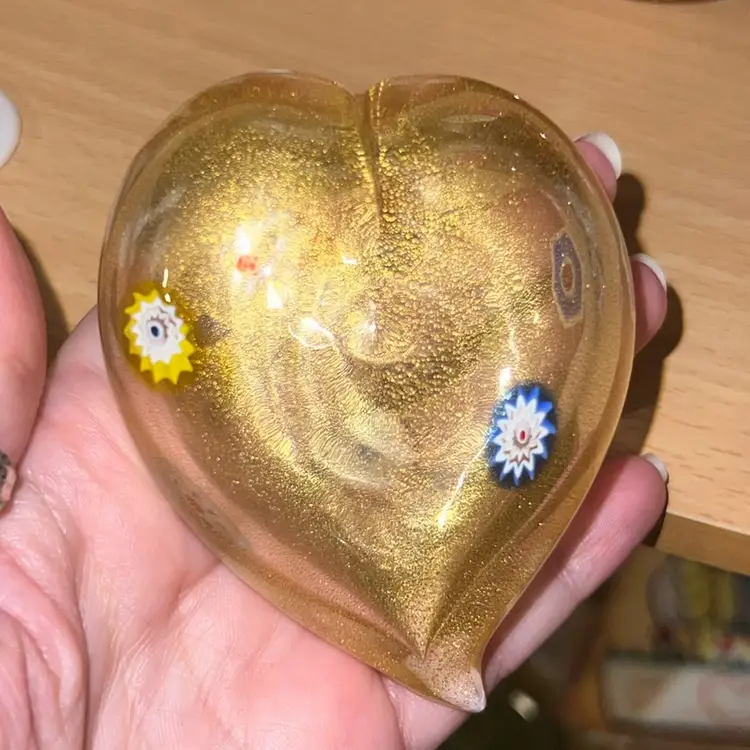 Murano Oro Puffy Heart Glass Paperweight Millefiori 3”
