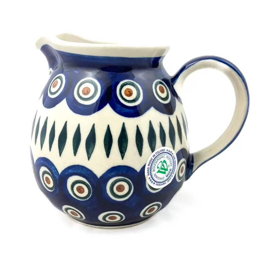 Small Pitcher Hand Crafted Peacock design with leaves Polish Pottery