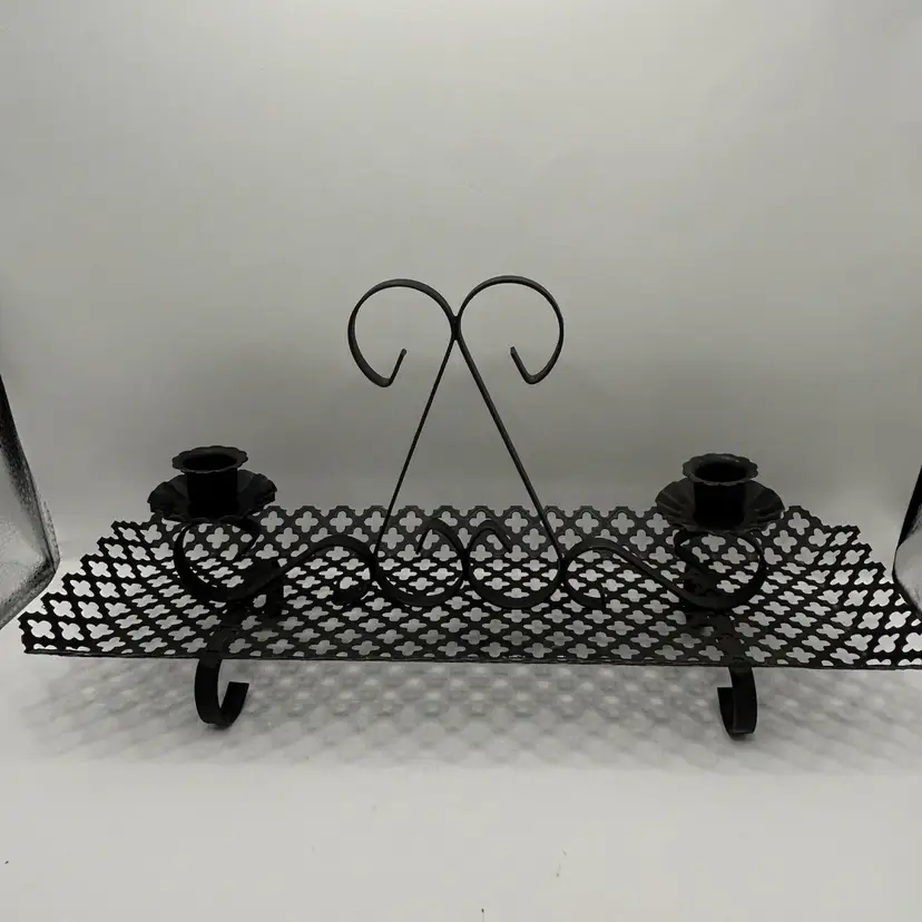 Black Punched Metal Double Candle Holder Centerpiece 15x5 1/2