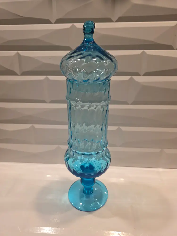 Vintage Empoli Italy  Blue Apothecary Lidded Jar Circus Tent Pedestal Footed 14"