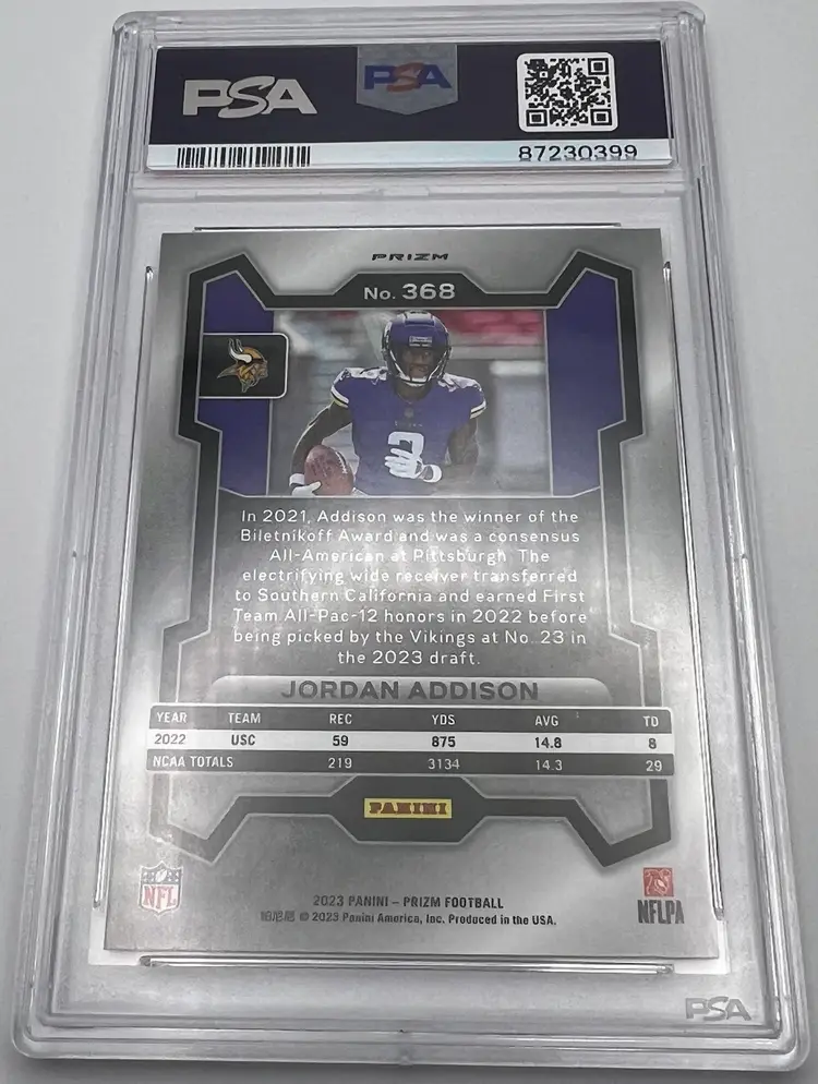 2023 Panini Prizm Jordan Addison RC Rookie Orange Ice Vikings PSA 10 Gem Mint