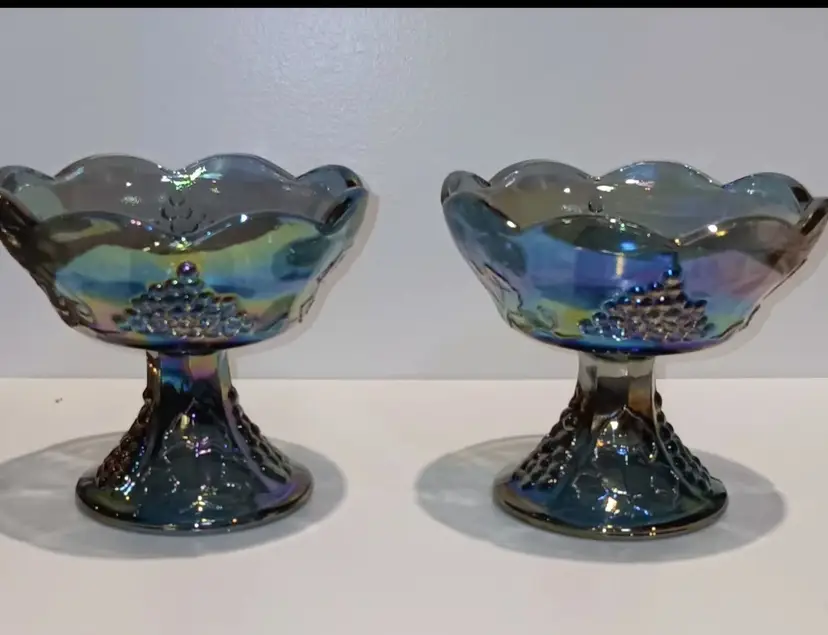 Indiana Carnival Glass Iridescent Blue Candlestick Holders