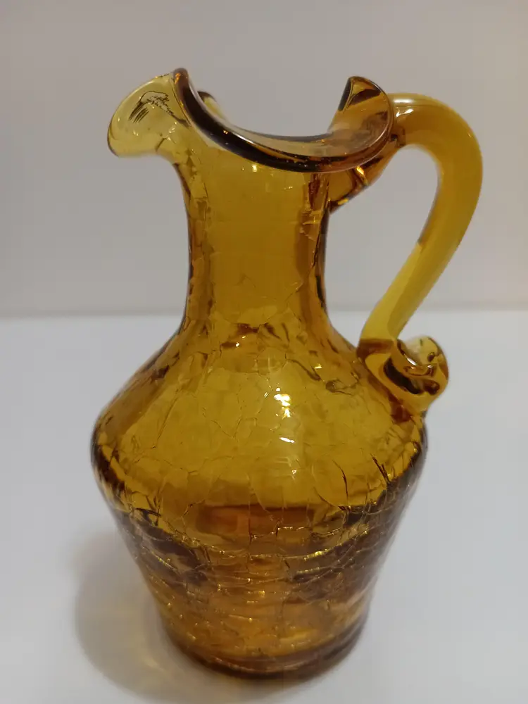 Vintage Amber Hand Blown Crackle Glass Pitcher With Applied Handle; Circa 1960s