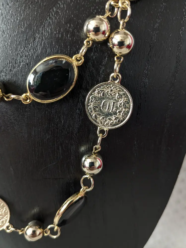 Coin Necklace Swiss Franc Faux Coins Gold Color Black Enamel Oval Bead Stations