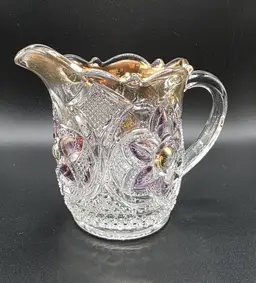 Vintage Clear Glass Pitcher with Embossed Floral Motif – Gold Accents & Manganese Glow