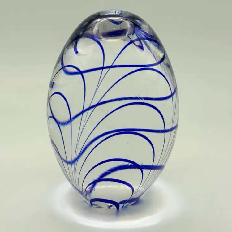 Blue Clear Paperweight Swirl Egg 3 3/4"