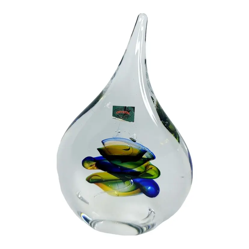 Vintage Marian Pyrcak MP "Verne" Crystal Art Glass Blue Green Yellow Swirl