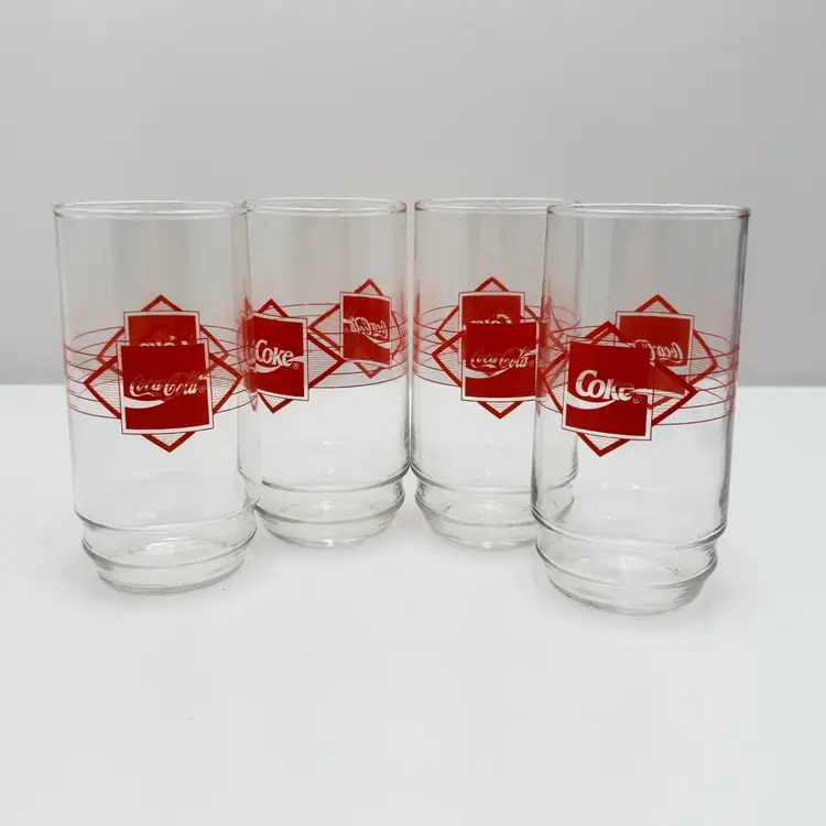 Set Of Four Vintage Red Diamond Logo Coke Drinking Glasses