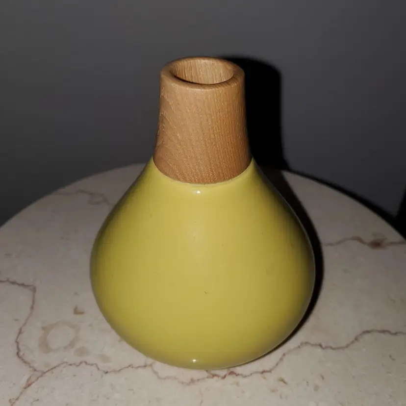 Crate & Barrel Mid-Century Modern Style Yellow Ceramic and Wood Vase