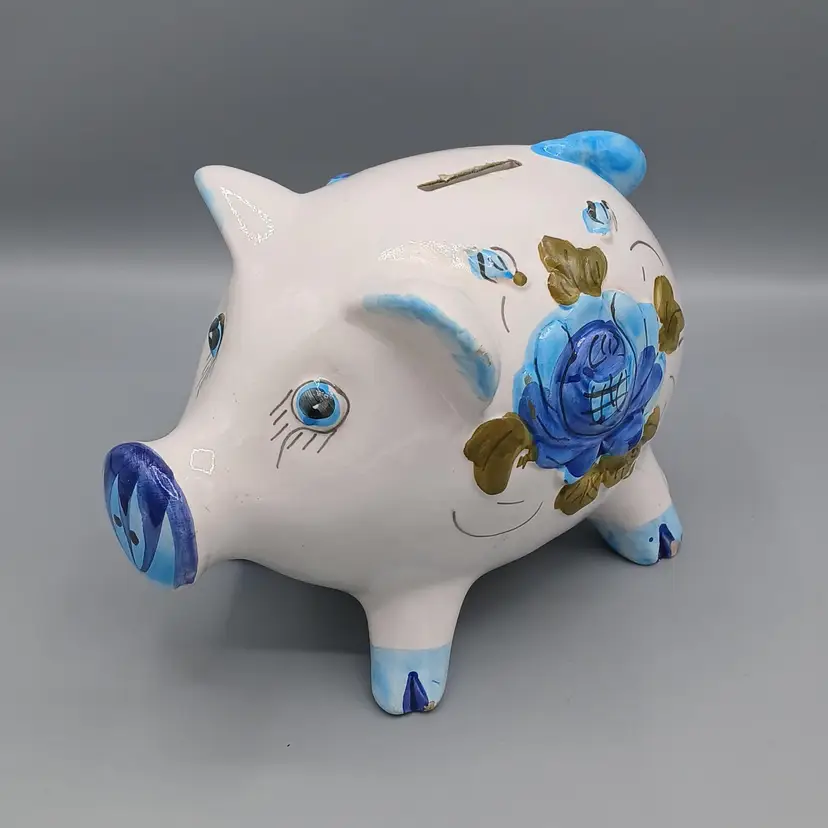 Italian Pottery Piggy Bank, Blue Florals