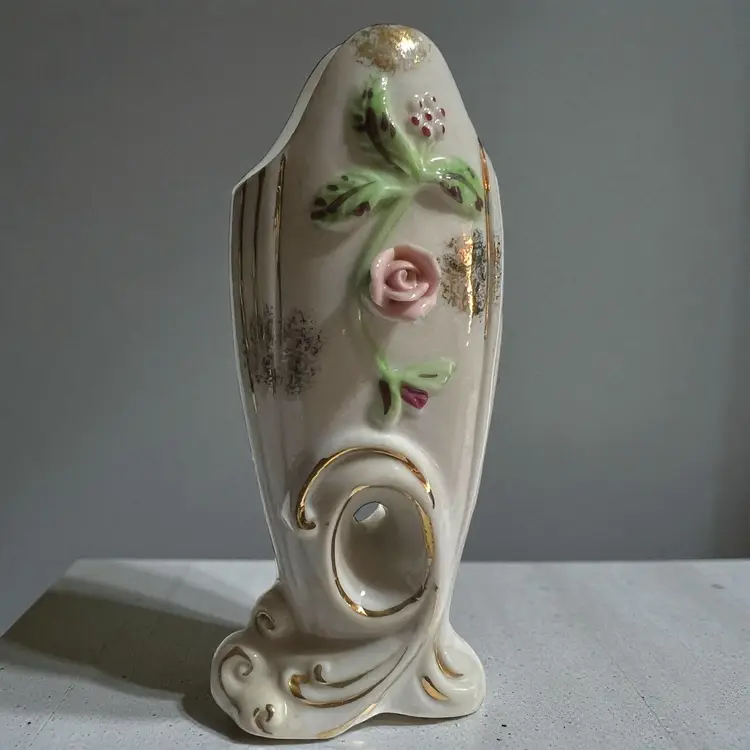 Vintage Occupied Japan Double Buds Hole In The Center Small Applied Rose Victorian Style 5.5" X 2.25"