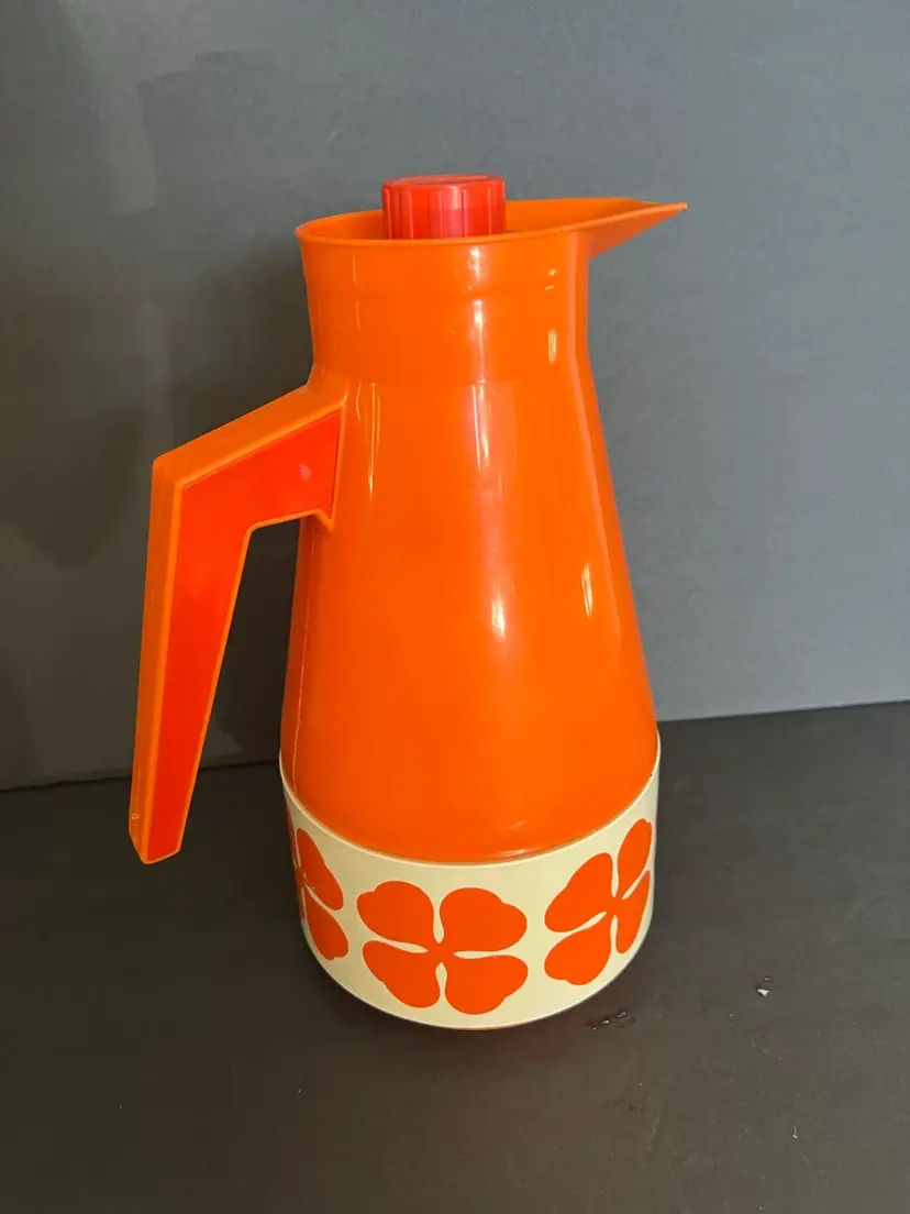 Vintage 70s Orange Flower Thermal Carafe, Made in Sweden, Coffee Server, MCM Wedding Gift