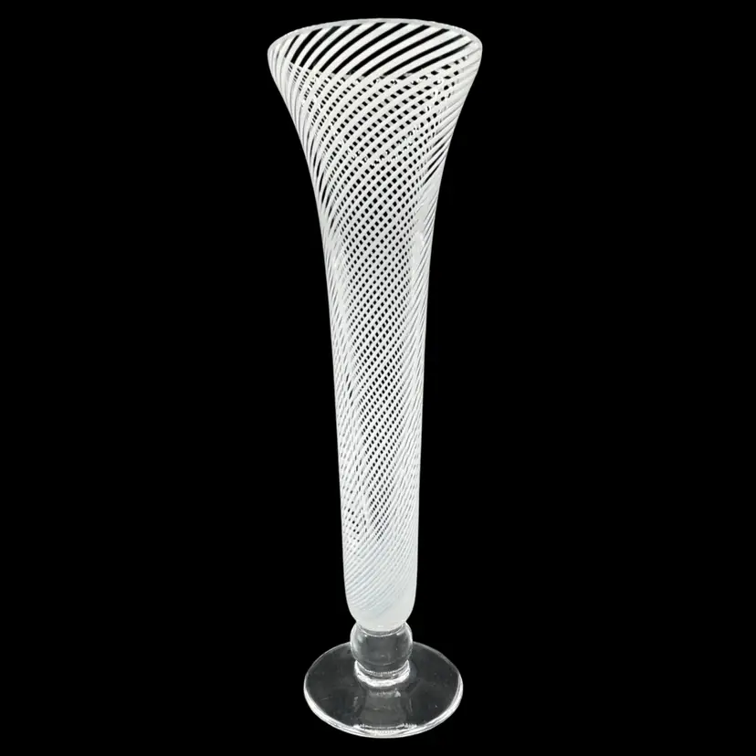 Crystal Mezza Filigrana Venetian Thread Vase 8 3/8” Tall Bud Vase White Swirls