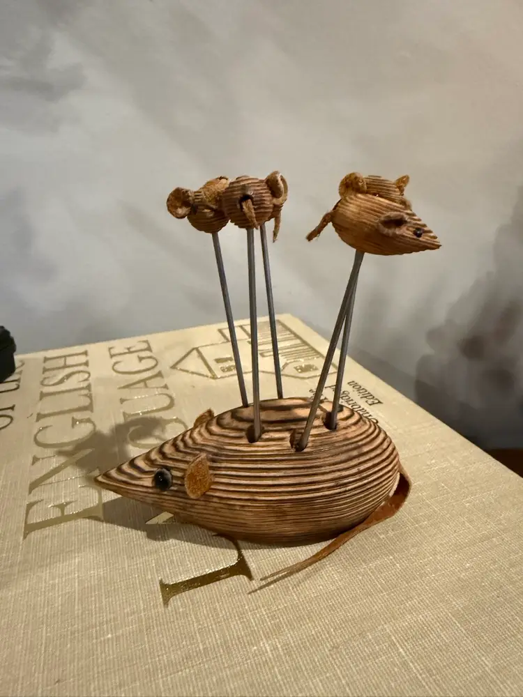 Wooden Mouse Appetizer Pick Holder with Six Metal & Wood Picks