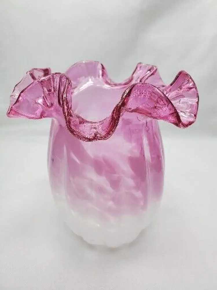 VTG Cranberry White Splatter Glass Vase w/ Ruffled Rim 7.5" Tall