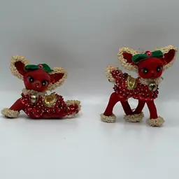 2 Vtg Kitsch Flocked Red Reindeer w/Sequined Push Pins